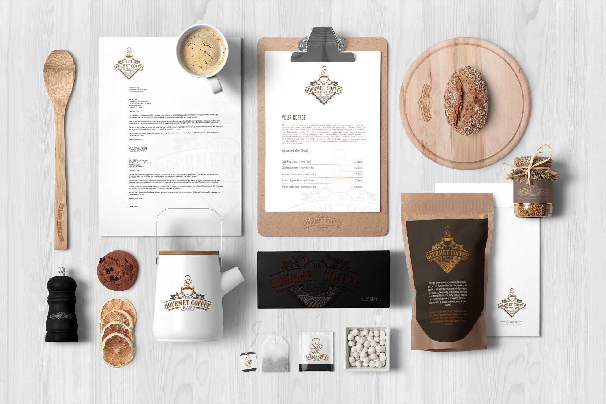 Gourmet Coffee Place branding items