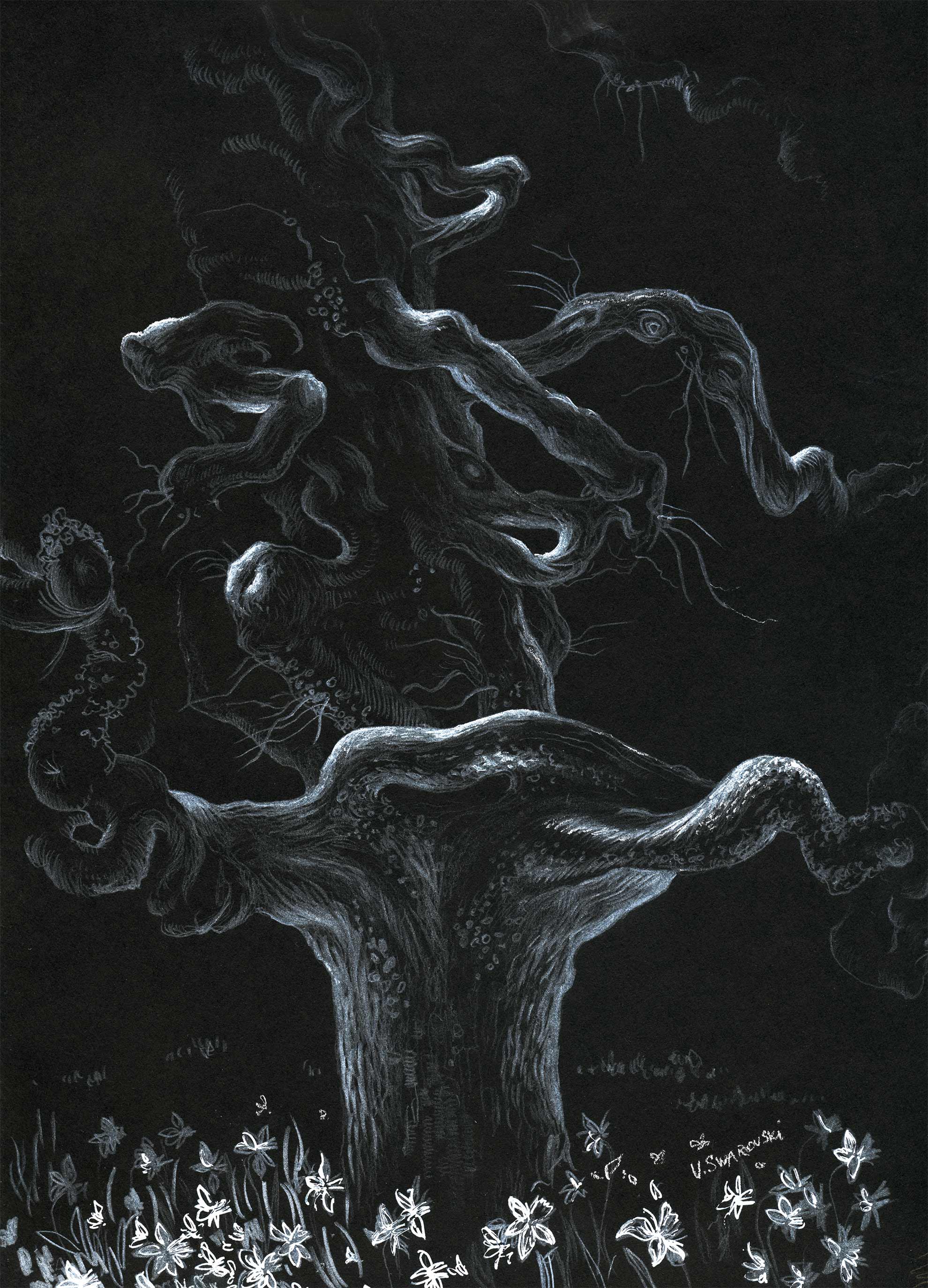 'Tree'. White pencil on black paper